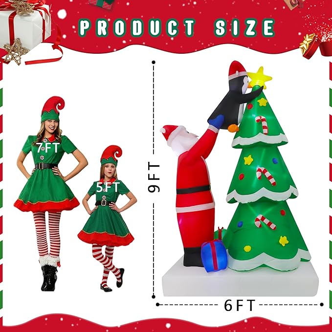 9FT Christmas Inflatables Tree Outdoor Decoration, Santa Claus & Penguin Lighted Party Decoration, Blow Up Decor with Built-in LED Lights Suitable for Lawn/Yard/Garden/Porch