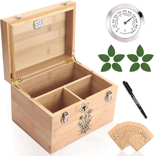 Professional-Designed Bamboo Seed Storage Box with Built-in Hygrometer, Double-Layer Airtight Lid and Safety Lock, Temperature-Stable Wooden Seed Organizer for Preservation, Great Gifts for Gardener