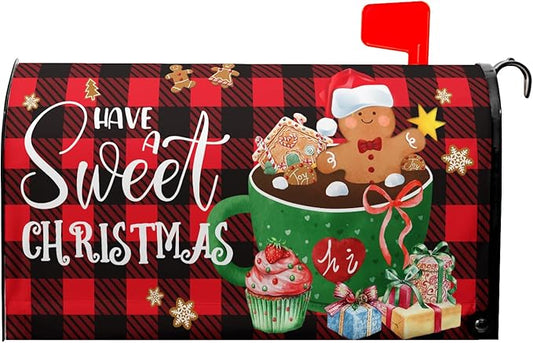 21"x18" Gingerbread Mailbox Cover Magnetic Standard Size Have A Sweet Christmas Cookies Mailbox Wrap Post Cover with Red Black Buffalo Plaids for Yard Garden Outside Holiday Decor