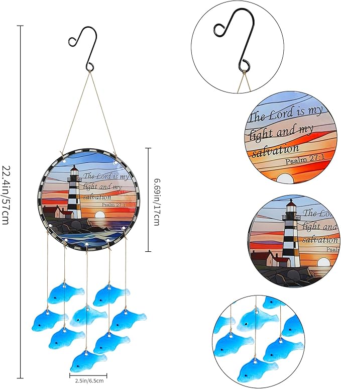 Sea Glass Fish Wind Chimes for Outside, Lighthouse Glass Windchimes Outdoors, Windchimes Outdoors Unique Suncatcher, Patio Beach Outdoor Home Garden Decor, Memorial Garden Christmas Decoration Gifts