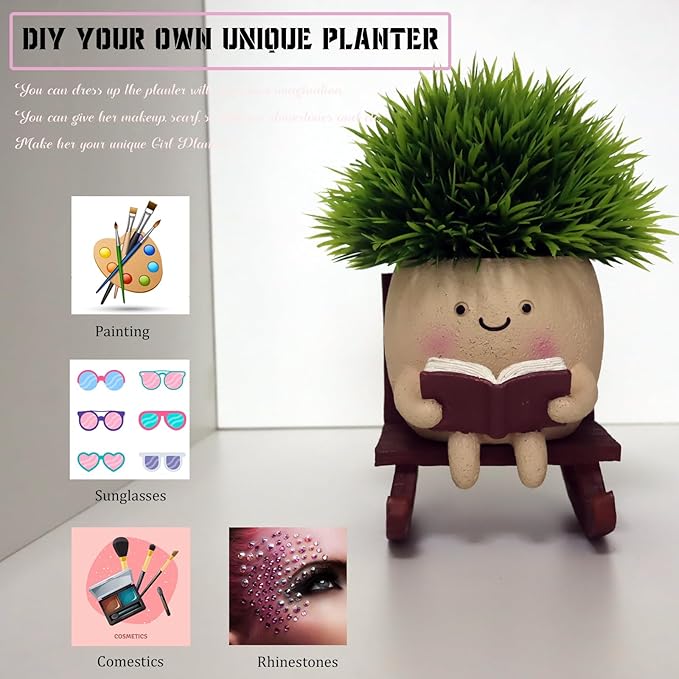 Cute Face Planters Succulent Pots, Funny Rocking Chair Reading Head Flower Planter Cactus Pot with Drainage Hole for Indoor Outdoor Plants, Unique Plant Lover Gifts