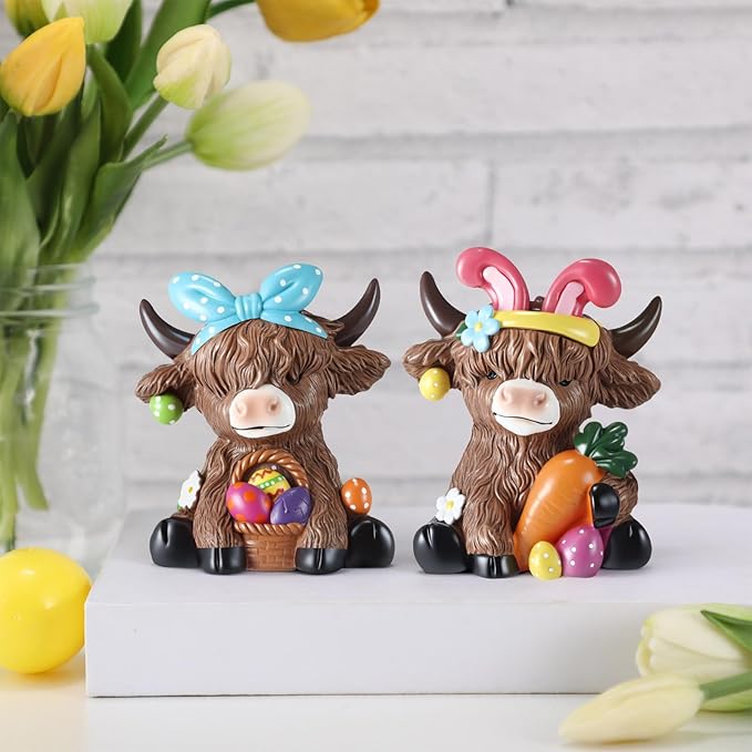Karenhi 2 Pcs Easter Highland Cow Figurines Bunny Eggs Basket Highland Cow Gnomes Pink Rabbit Scottish Resin Statue Calf Lovers Gifts for Spring Home Kitchen Office Tiered Tray Table Decor