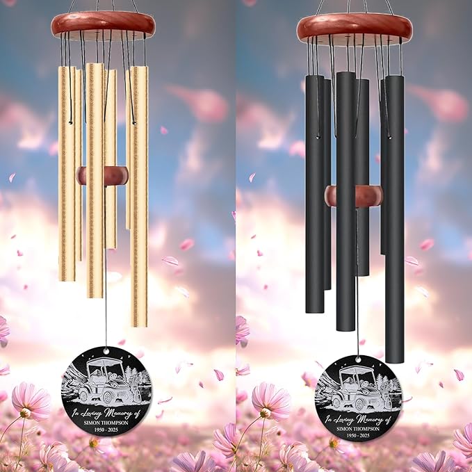 Personalized Golf Cart Memorial Wind Chime – “in Loving Memory” Custom Engraved Name & Years – Golf Lover Sympathy Gift – Outdoor Remembrance Windchime for Loss of Loved One – Memorial Garden Décor