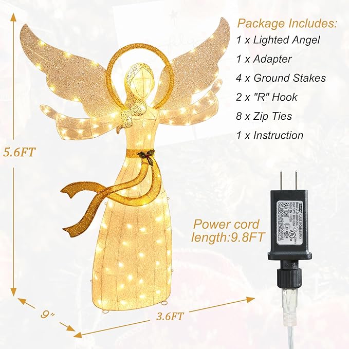5.6FT Lighted Christmas Angel Outdoor Pre-lit 3D Glittered Angel Lighted Up Standing Ornament Outdoor Indoor Christmas Decoration for Home Lawn Yard Garden Display