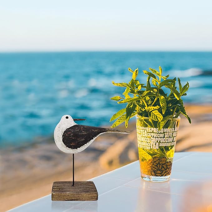 Aecipl Wooden Sea Bird Statue Seagull On Stand Decor Nautical Coastal Birds Sculpture Indoor Outdoor Animal Figurine Beach Themed Decoration Rustic Home Art for Bedroom Garden (H)