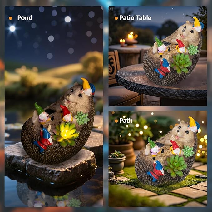 Natelf Solar Hedgehog Garden Statue Light Outdoor Decor with LED, Waterproof Lawn Ornaments for Yard, Patio, Backyard, Balcony - Cute Birthday Gift for Women, Mom, Grandma