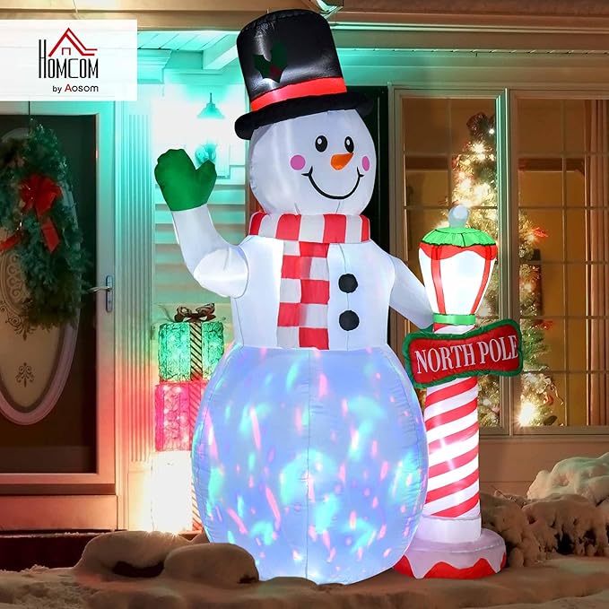 HOMCOM 8ft Christmas Inflatables Outdoor Decorations Snowman with North Pole Sign, Blow-Up Yard Christmas Decor with LED Rotating Colorful Lights Display