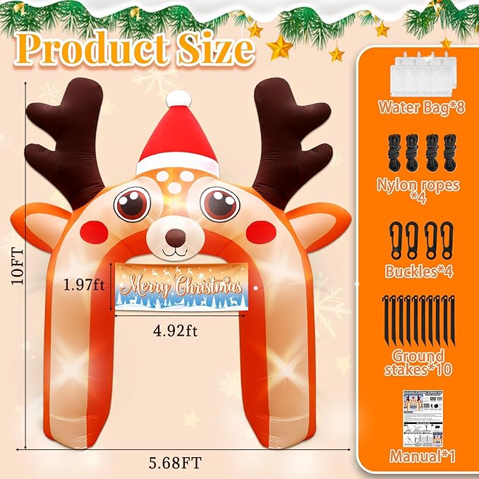10 FT Giant Reindeer Inflatable Reno Inflable Christmas Deer Arch Decoration with LED Lights, Blow Up Decor for Outdoor Yard Lawn Sign Backdrop(Reindeer)