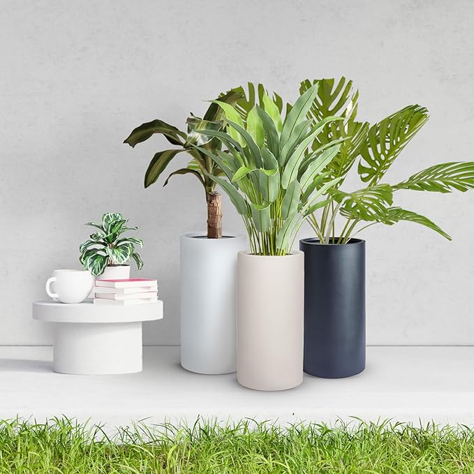 19.5"H x 9.8"D Tubo Fiberstone Cylinder Tall Planter, Christmas Tree Planter, Smooth Finishes, Weather Resistant for Indoor & Outdoor Use, Included 2 Extra Coco Mats (Taupe,8.2" Pot Opening)