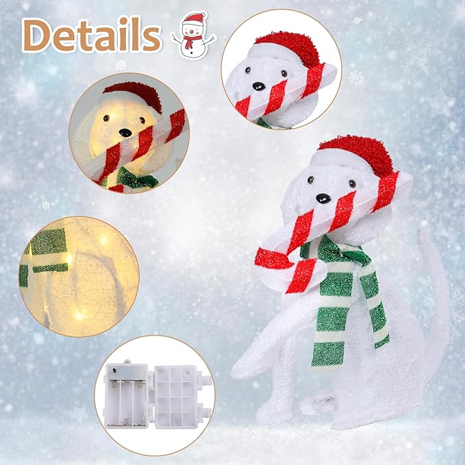 Christmas Lighted Dog Decoration 3D Glittered Fluffy Puppy with Candy Cane Battery Operated Lighted Up Ornament Outdoor Indoor Christmas Decoration for Home Lawn Yard Garden Display