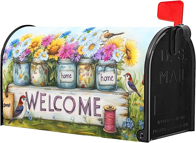 Spring Summer Floral Mailbox Covers Magnetic Standard Size 21 X 25.5 Inch Welcome Magnetic Mailbox Cover Bird Flowers Mailbox Wraps Post Box Cover Decoration Outdoor Garden Home Yard Outside