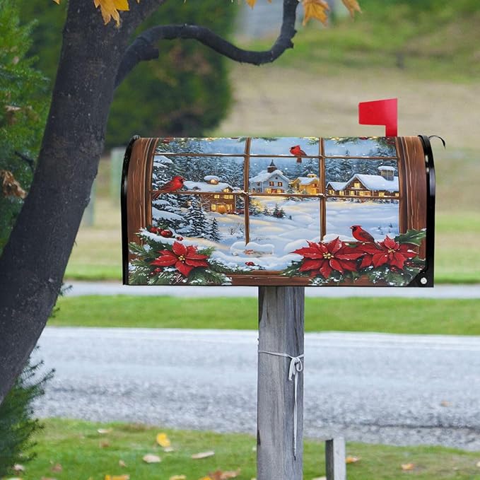 SUABO Mailbox Cover Window Poinsettia Cardinal Standard Magnetic Mailbox Covers Wraps for Christmas Home Yard Garden Decor