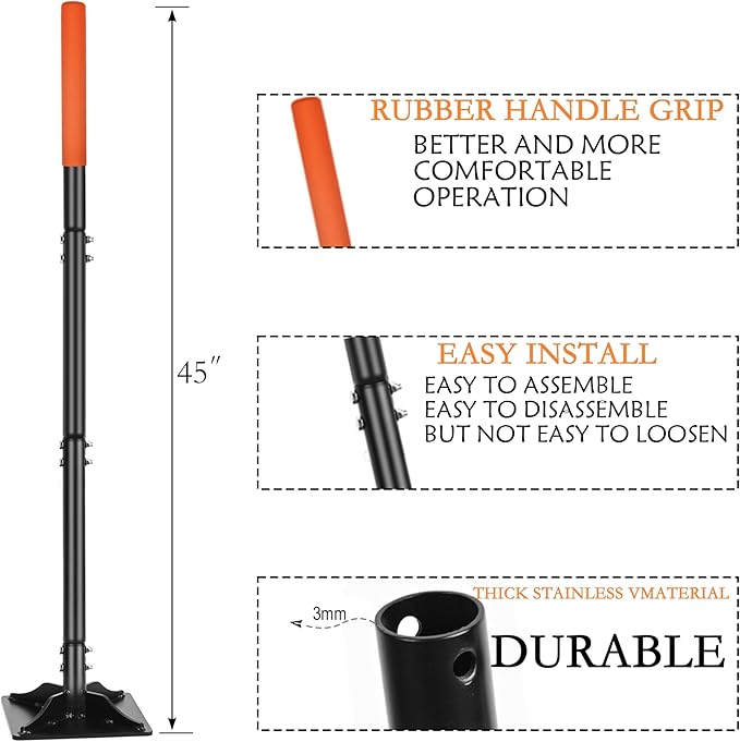 Steel Tamper 8in×8in, 45in Long-Handled Hand Tamper with Rubber Grip, Durable Ground Tamper, Ideal for Leveling Garden Soil, Gravel, as Well as Laying Floor Tiles and Repairing Blacktop