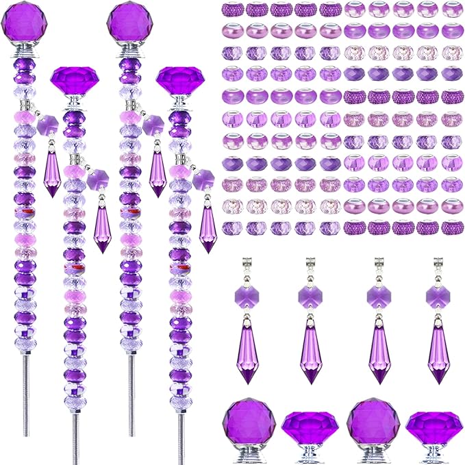 Exway 100 PCS DIY Fairy Wand Beaded Garden Stake Beads Kits with Purple Large Hole Beads 4 Crystal Stopper Top Threaded Rods and 4 Purple Sparkling Crystal Pendants for Outdoor Indoor Decor