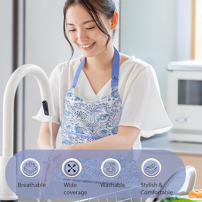 CPC Cotton Floral Kitchen Apron for women with Pocket and Adjustable Neck Ties. Apron for Women Men Chef-Hand Block Printed