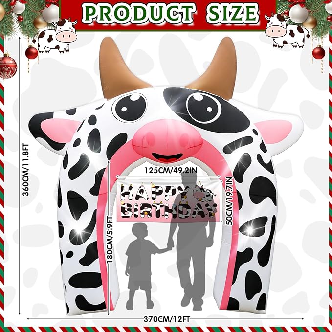 12FT Christmas Inflatable Cow Arch Outdoor Decorations Giant Cow Inflatables with Built-in 5 LED Lights Farm Animals Blow Up Garden Yard Lawn Decor for Baby Shower Cow Birthday Party Decoration