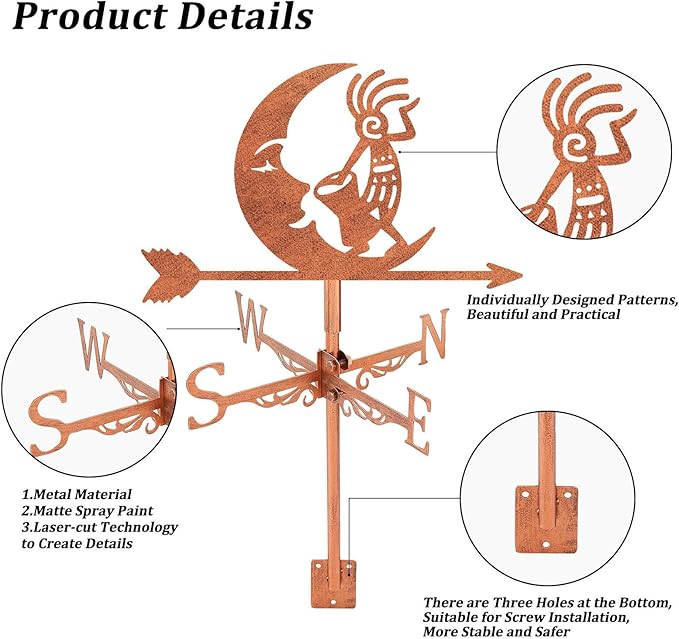 SUPERDANT Kokopelli Weather Vane Moon Wind Vanes for Yard Metal Weathervane Roof Mount for Gardens Outside Reddish Copper Weathervanes Farmhouse Farm Barn Sheds Patio Decorations
