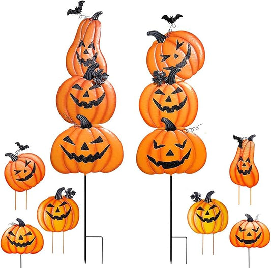 2 Pack Halloween/Thanksgiving Garden Stakes, Outdoor Party Décor Stacked Metal Pumpkins Jack-o-Lantern Lawn Decor, Yard Signs Stake Outdoor Decorative Pumpkin Home Lawn Pathway Driveway Decorations