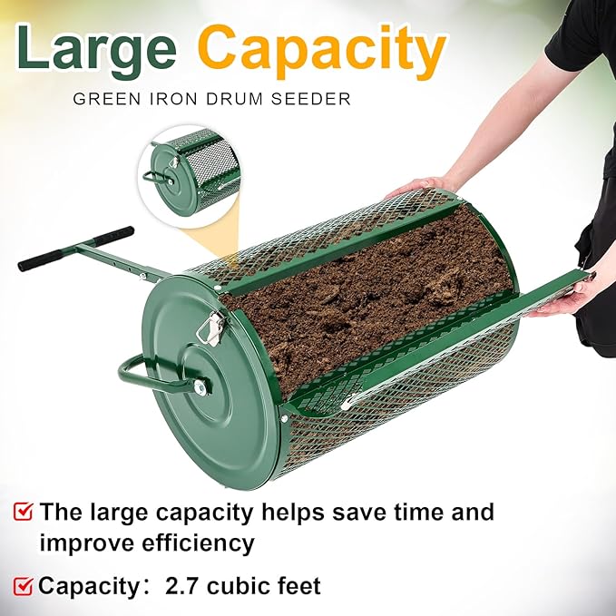 Hiboom 24 Inch Compost Spreader, Peat Moss Spreader, Manure Roller with Adjustable T Shaped Handle, Lightweight Metal Mesh for Lawn Garden Spreading Manure Topsoil (Green)