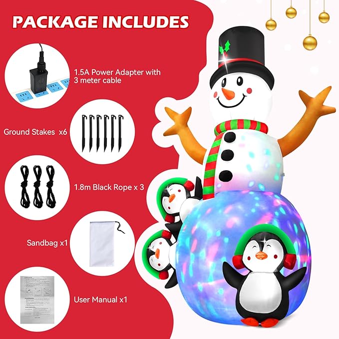 6.3 FT Christmas Inflatable Snowman Outdoor Decoration with Build-in Multicolor LEDs, Snowman with 3 Penguins Blow Up Inflatables Christmas for Yard Garden Lawn Xmas Holiday Decor