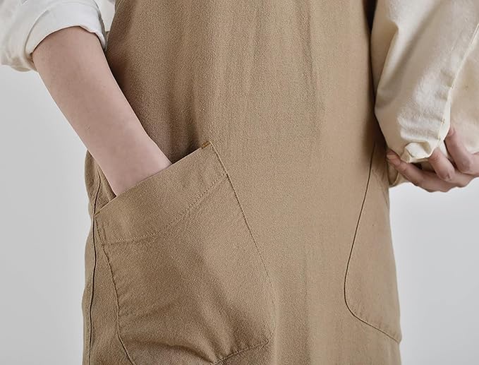 Cotton Linen Apron Cross Back Japanese Smock for Women Cooking With Pockets Pinafore Dress Kitchen Baking Gardening
