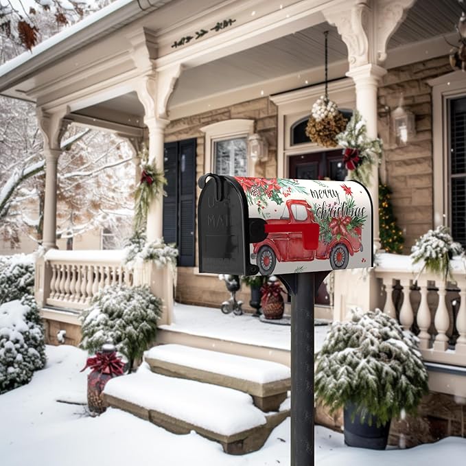 Christmas Red Truck Mailbox Covers Magnetic 21x18 Inches Standard Size Xmas Winter Mailbox Cover Post Letter Box Wraps for Outside Garden Yard Outdoor Christmas Decorations