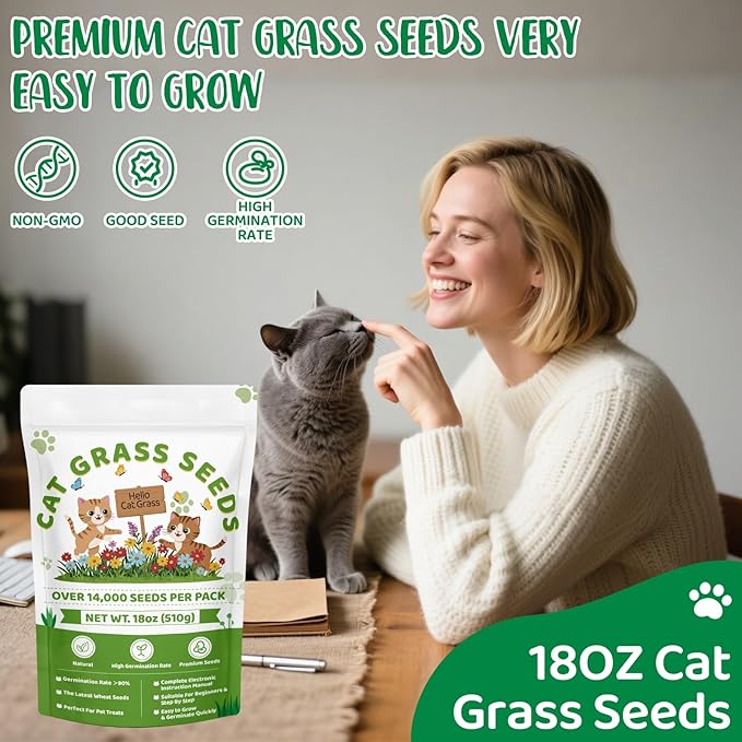 18oz Cat Grass Seeds Bulk - Over 14000+ Premium Cat Grass for Indoor Cats & Pets, High Germination Rate & Easy to Grow, Non-GMO Wheat Grass Seed for Planting(510g)