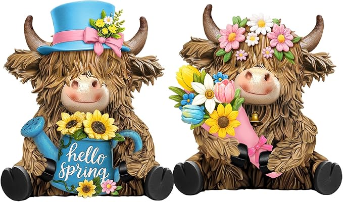 2 Pack Spring Highland Cow Resin Figurine Spring Bathroom Highland Cow Gnomes with Flower Starfish Resin Statue for Garden Table Shelf Home Decor Calf Gnome Herd Gifts