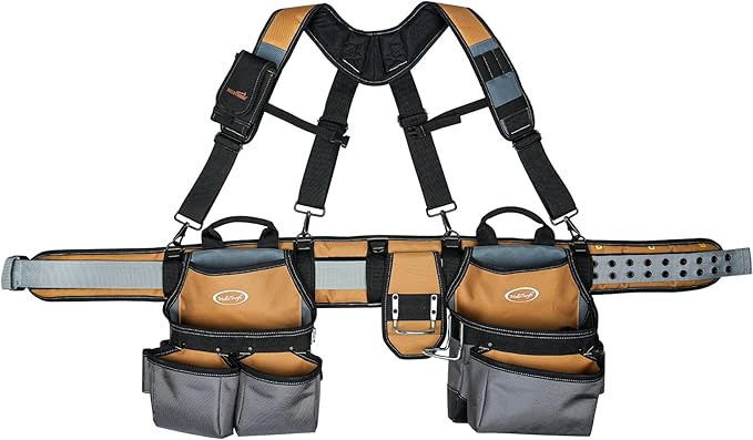 MELOTOUGH Tool Belt with Suspenders Tool Bag Suspenders Framers Comb Apron Tool Belt Construction Tool Pouch Builder Heavy Duty Carpenter Suspension Rig for Electrician, Roofing,Contractor(Khaki)