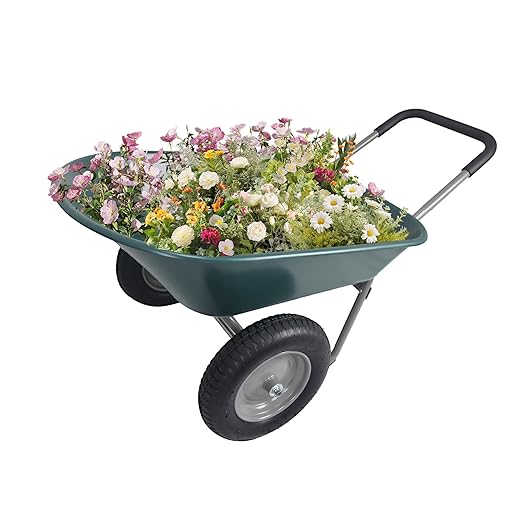 Wheelbarrow Garden Cart, Heavy Duty Home Utility, Dual-Wheel Home Garden Yard Utility Wheelbarrow Cart with Built-in Stand, Green