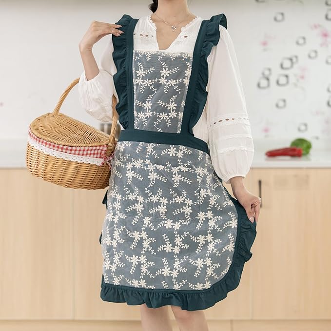 Vintage Pinafore Apron Dress for Women with Pockets Cute Floral Chef Aprons for Kitchen Cooking Baking Gardening