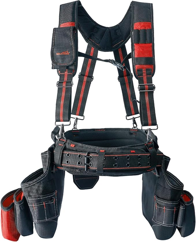 MELOTOUGH Pro Framer Combo System-Magnetic Tool Pouch Build Heavy Duty Carpenter Tool Belt and Multi Function Tool Belt Suspenders（red)