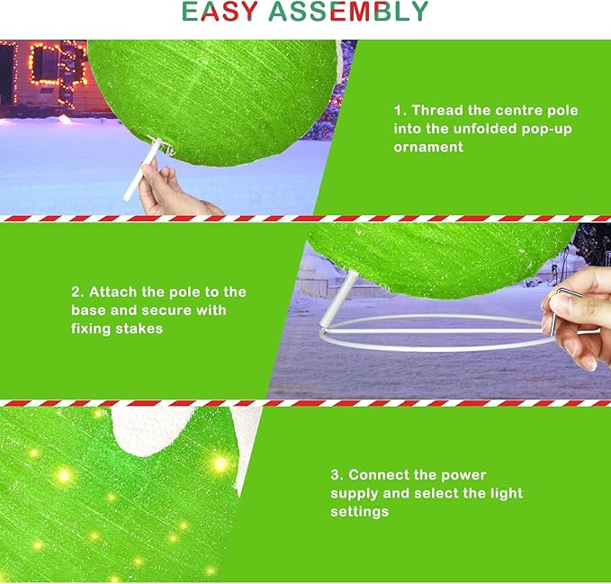 BRIGHTDECK Outdoor Christmas Ornaments, Lighted Pop-Up Outdoor Holiday Ball Decoration with 80 LED Lights, 8 Light Modes, Lighted Collapsible Holiday Decorations for Yard, Home (Green)