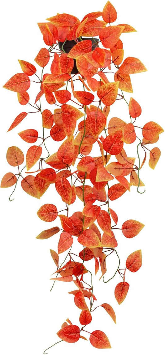 Fake Fall Plants Hanging Faux Orange Vines Artificial Potted Pothos Plant- Fall Decorations Autumn Decor for Thanksgiving Bathroom Wall Kitchen Room Decor Indoor and Outdoor (Black Pot Include)
