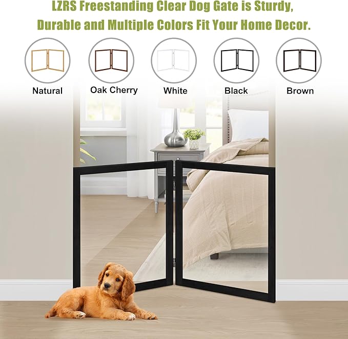 LZRS Clear Dog Gate for Indoor Use - Transparent Pet Fence with Solid Hardwood and Plastic Board, Stylish & Durable freestanding Pet Gate for Doorways, Stairs and Hallways-2 Panel Black