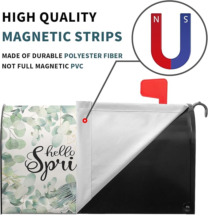 Hello Spring Cat Magnetic Mailbox Cover 21"x18" Watercolor Sage Green Eucalyptus Leaf Kitten Butterfly Mailbox Wrap Post Cover Standard Size for Garden Yard Outdoor Outside Decor