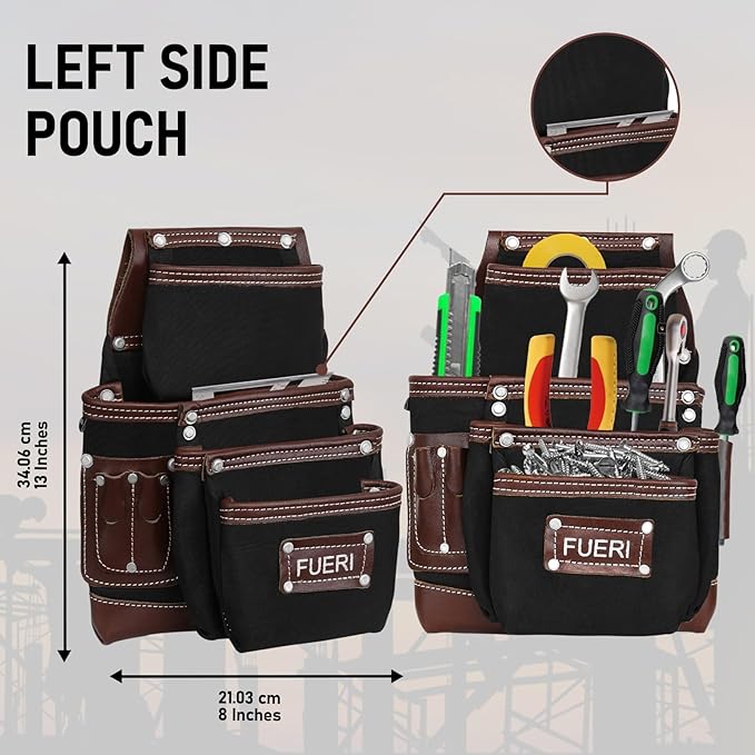 FUERI Tool Belt Men Heavy Duty Nylon Leather Tools Belts Carpenter Bags Electrician Pouches Organizer for Construction Framing (Black & Brown, 30 to 52 Inches Waist)