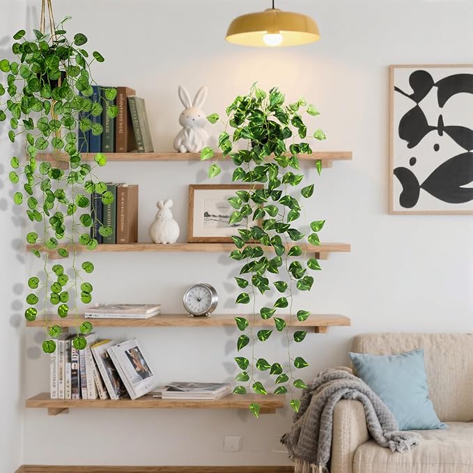 Folmywy 2 Pack Artificial Hanging Plants Vines with Pot Fake Greenery Potted Plant Eucalyptus Leaves Decoration for Indoor Outdoor Wall House Room Patio Bookshelf Office Party Decor