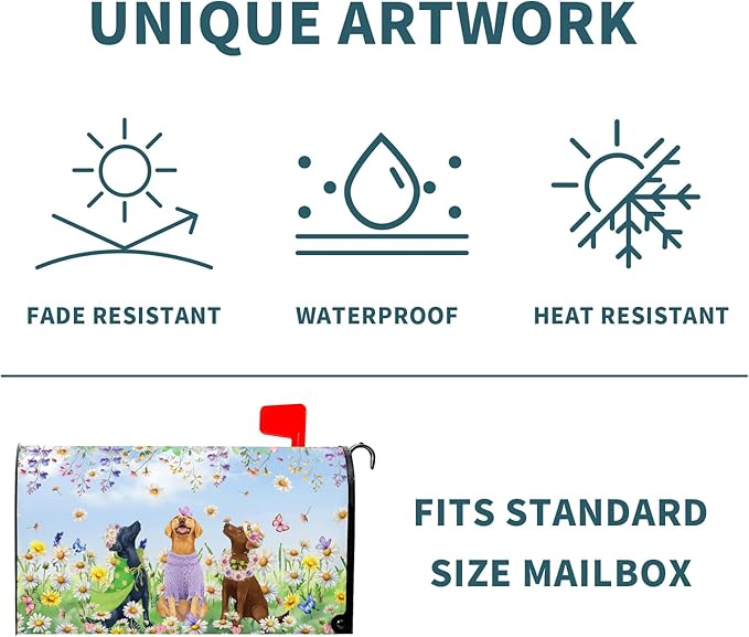 Spring Dog Mailbox Cover with Magnetic 21x18Inch Colorful Wildflower Butterfly Puppy Waterproof Mailbox Wrap Letter Post Cover Standard Size for Garden Yard Outdoor Season Outside Decor