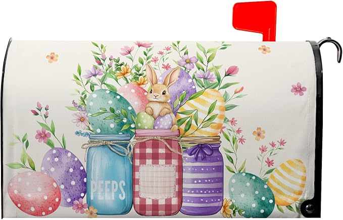 Easter Magnetic Mailbox Cover Bunny Mailbox Covers Standard Size 21x18 in Spring Floral Post Letter Box Cover Waterproof Oxford Outdoor Farmhouse Garden Yard Decor Beautiful Jars Eggs