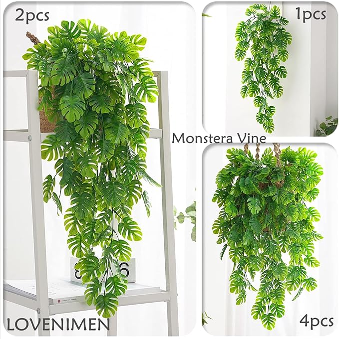 Artificial Hanging Plants 2 Pack, Monstera Leaves Fake Vine Ivy Leaf Green Rattan Greeny Tropical Palm Outdoor UV Resistant Plastic Plants for Bedroom Home Garden Office Wedding Décor