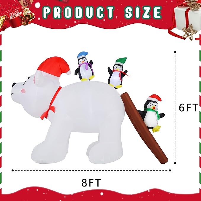 8FT Long Christmas Inflatables Decorations, Outdoor Penguins & Polar Bear Giant Blow Up with Built-in LED Lights for Yard Garden Lawn Holiday Decor
