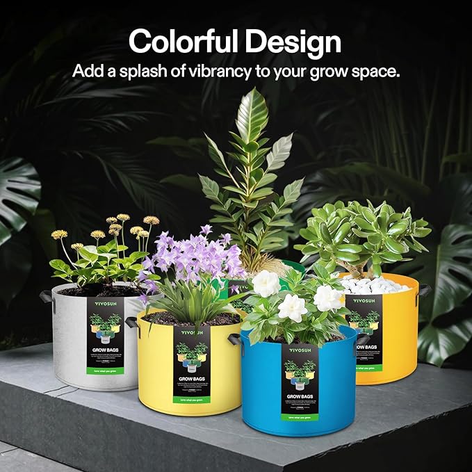 VIVOSUN 5-Pack 5-Gallon Colored Grow Bags, 350G Thick nonwoven Fabric Pots with Handles for Flowers, Fruits and Vegetables