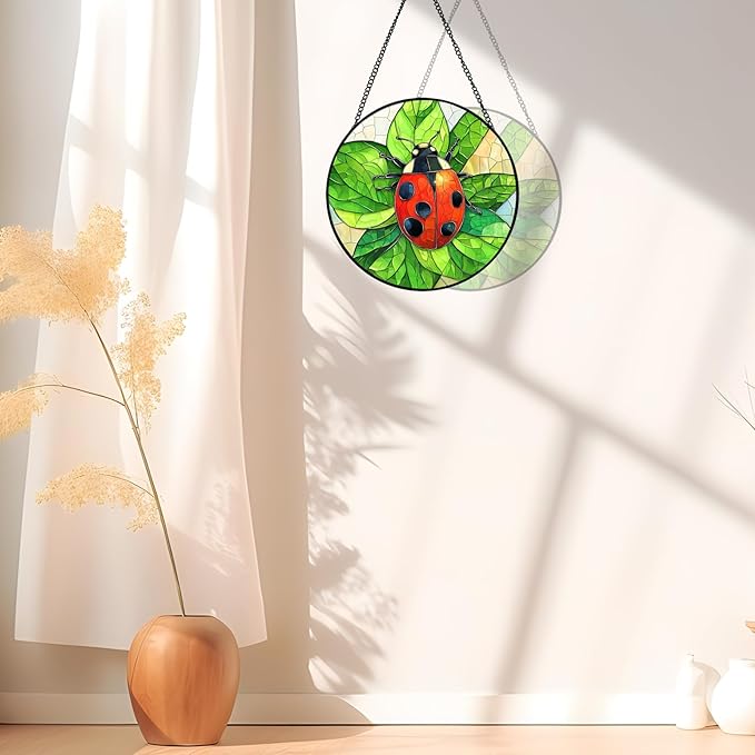 Ladybug Stained Glass Window Hanging, Colorful Ladybug Suncatchers for Windows, Ladybug Suncatcher Gift for Women, Mom, Grandma