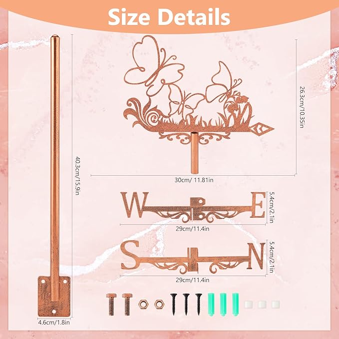 SUPERDANT Butterfly Weather Vane Tussock Wind Vanes for Yard Metal Weathervane Roof Mount for Gardens Outside Reddish Copper Weathervanes Farmhouse Farm Barn Sheds Patio Decorations