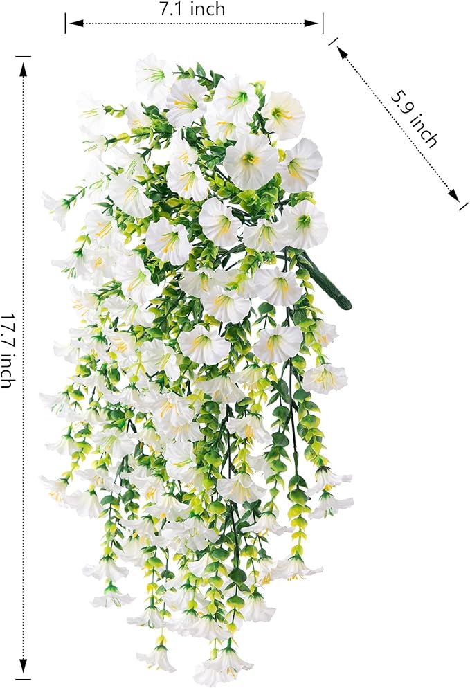 Ivydale 2 PCS Artificial Hanging Flowers Fake Plants for Winter Christmas Outdoor,Faux Silk White Morning Glory with Eucalyptus UV Resistant Realistic Hanging Petunias Vines for Home Garden Decor