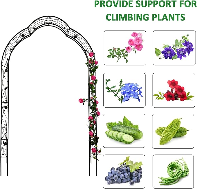 Metal Garden Arch, Assembly Garden Arbor Trellis Climbing Plants Support Rose Arch Outdoor Wedding Arch Party Events Archway (W59'' x H98.4'', Black)