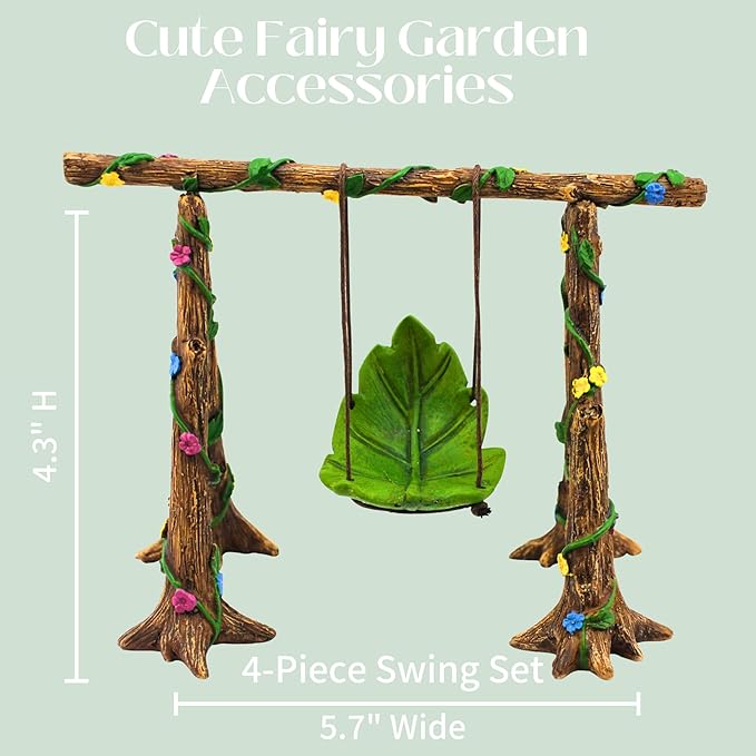 PRETMANNS Fairy Garden Accessories Starter Kit with Figurines, Swing Set, Squirrel & 2 Mushrooms – Ideal for Indoor Outdoor Miniature Garden – 6 Hand-Painted Resin Items
