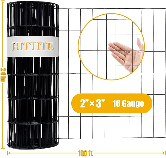 Black PVC Coated Welded Wire Fence, 24in(H) x100ft(L), 2 inch x 3 inch 16GA Garden Border Fence Roll, Vinyl Metal Chicken Wire Fencing Mesh Roll for Yard Vegetable Plant Protection Poultry Netting