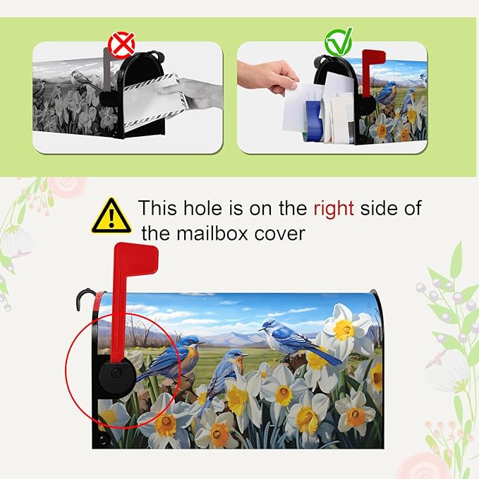 Spring Mailbox Covers Magnetic Oversized Summer Bluebirds Daffodil Post Letter Cover Floral Bird Mailbox Wraps Blue Sky Mail Box Decor for Garden Yard Large Size 25.5 X 21 Inch